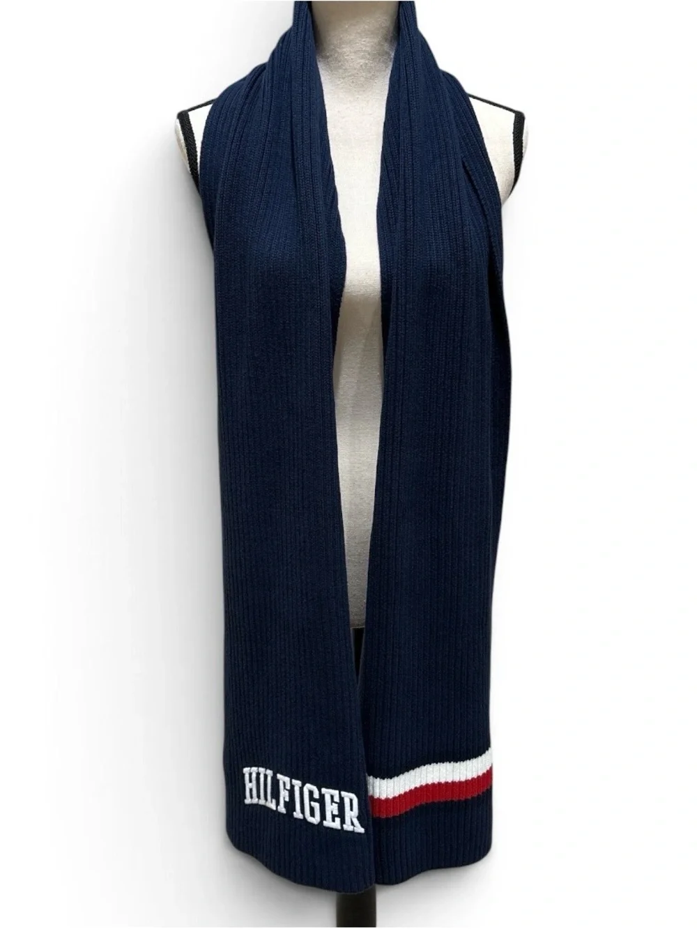 Tommy Hilfiger 90s Vintage Scarf Navy Ribbed Knit Preppy Embroidered Logo